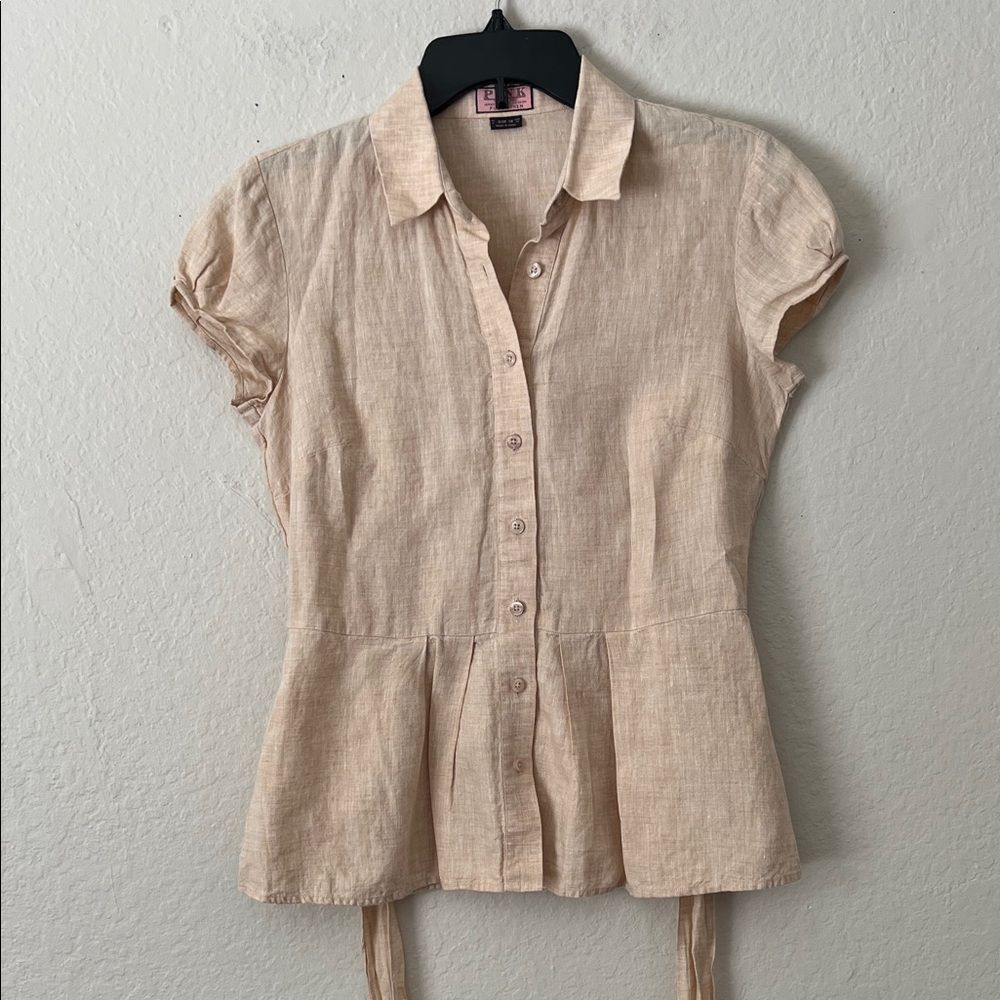 Like New! Thomas Pink 100% Linen Button-Front Belted Peplum Top in Size 8